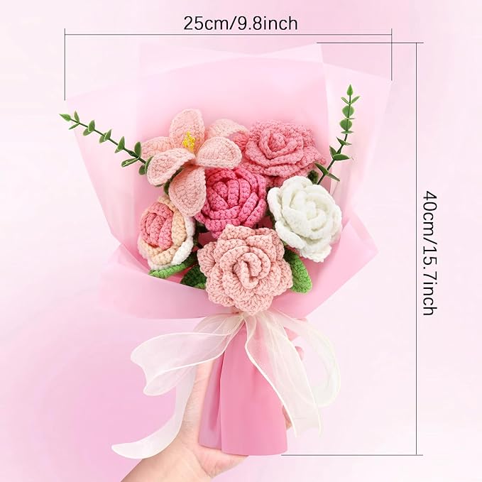 Handmade Crochet Sunflowers Rose Daisy as a Gift for Lover, Family,Friends. Crochet Bouquet, Crocheted Yarn Flowers, Artificial Flower Finished Bouquet (Pink)