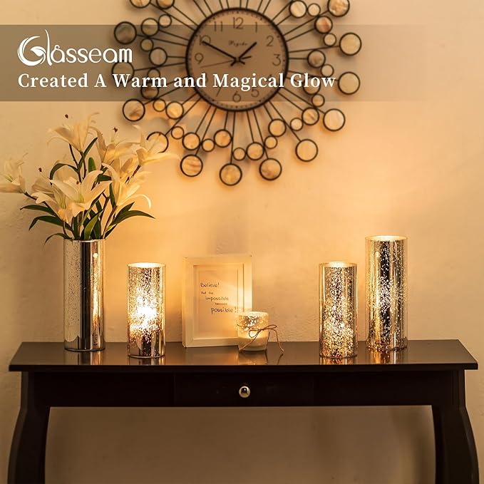 Glasseam Glass Cylinder Silver Vase: Set of 6 Decorative Flower Vases for Centerpieces Modern Vase for Flowers Wedding Decor Mercury Candle Holders for Pillar Candles Dining Table Decorations