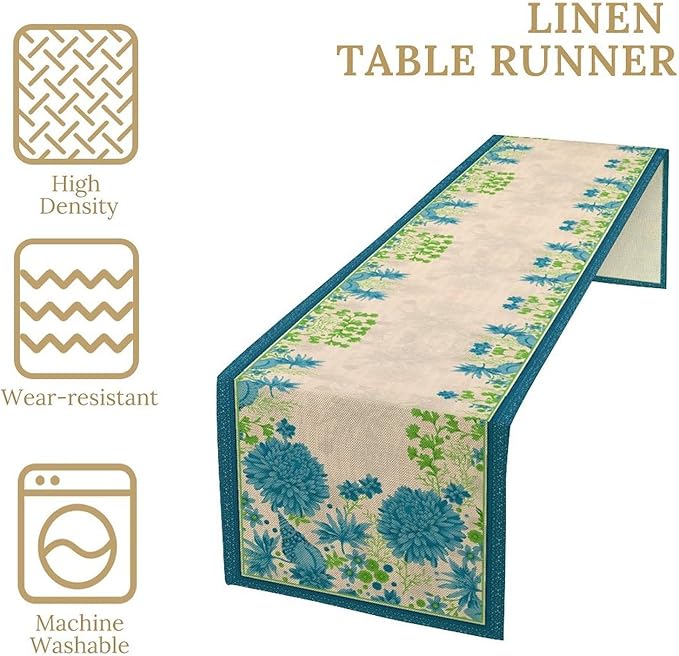 Vintage Floral Table Runner, Elegant Blue Flowers Nature Design Table Runner for Kitchen Dining Holiday Party Home Decoration, 13x108 Inch