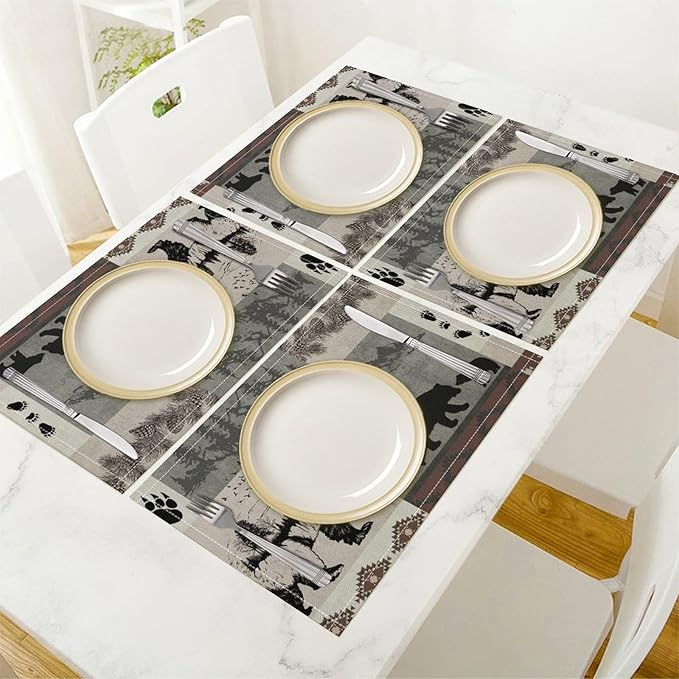 Retro Rustic Lodge Bears Placemats Set of 6, Vintage Cabin Pine Tree Farmhouse Country Style Place Mats, Heat Resistant Non Slip Cotton Linen Dining Table Mats for Home Kitchen 18x12 Inch