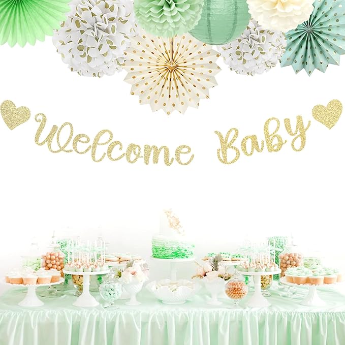 Sage-Green Champagne-Beige Baby Shower Party-Decorations - 21pcs Girls Boy Welcome Baby Banner,Paper Lanterns Pom Poms,Safari Woodland Boho Neutral Streamers Garland Decor Favors Huglony