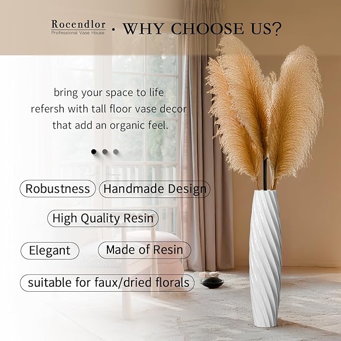 Tall Floor Vase, 23.6 inches Tall Vases Sturdy, Luxury, Textured for Decorative Branches Dried Flowers, Floor Vase for Rustic, Living Room, Shelf Decor (White)