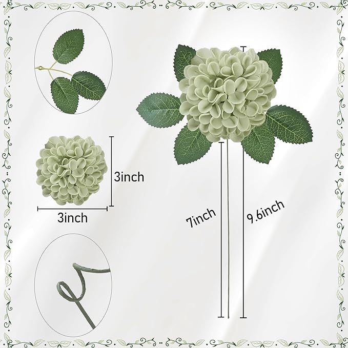 Artificial Flowers, 25pcs Realistic Artificial Rose for DIY Wedding Bouquets Centerpieces Arrangements, Sage Green Dahlia Flowers with Stem for Bridal Shower Party Home Decorations