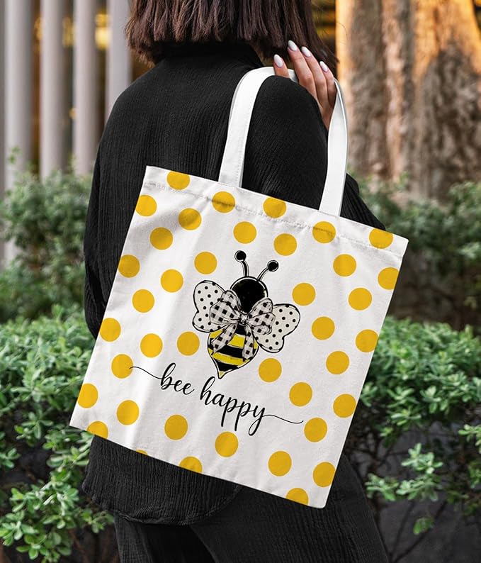 Bee Happy Canvas Tote Bag, Inspirational Bee Gifts for Women Bee Lovers, Summer Bee Tote Bag for Women, Reusable Grocery Bags Shopping Bags, White, 140GA-TTBA-sunmerbee