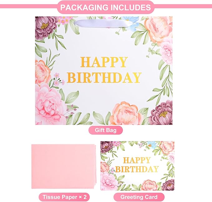 ASYEHJNR 13" Large Size Happy Birthday Gift Bag Metallic Gold Happy Birthday Sign with Floral Peony Flower Pattern Retro Gift Bag with Greeting Card and Tissue Paper and Handle for Girls Women Bday