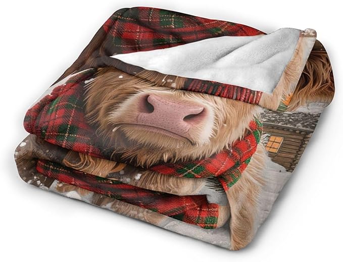 Highland Cow Blanket Christmas Cattle Throw Blanket Winter Snow Soft Cozy Fleece Fuzzy Stuffed Plush Farm Animal Flannel Gifts for Girls Women Boys Kids Adults 60"X80"