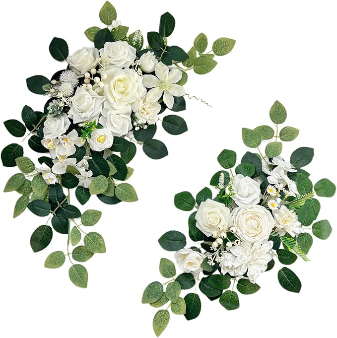 Pack of 2 Wedding Arch, Artificial Flowers, Wedding Decor，Flower Garland Be Suited to Banquet, Party, Reception Entrance Welcome Sign and Background Decoration (White)