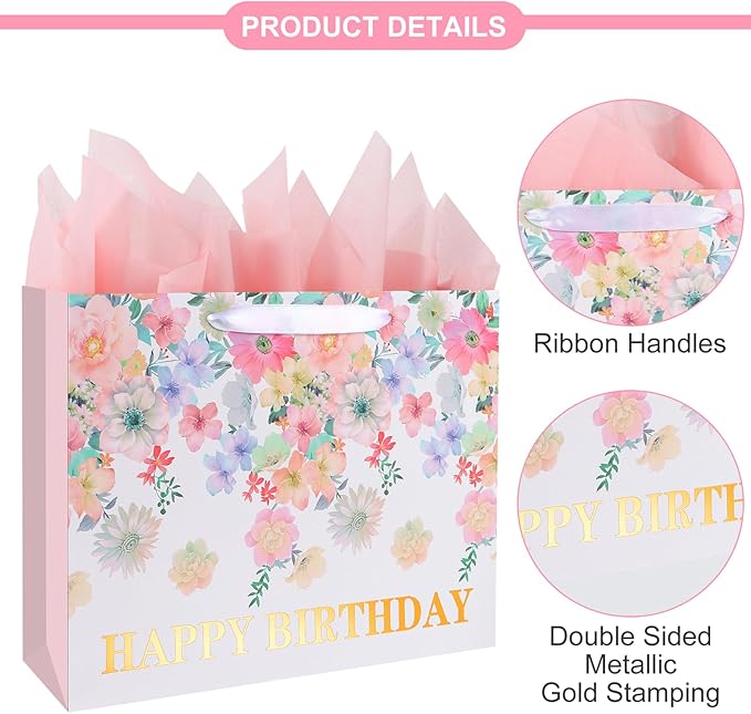 ASYEHJNR 13" Large Size Happy Birthday Gift Bag Floral Flower Pattern with Metallic Gold Happy Birthday Sign Vintage Gift Bag with Greeting Card and Tissue Paper for Girls Women