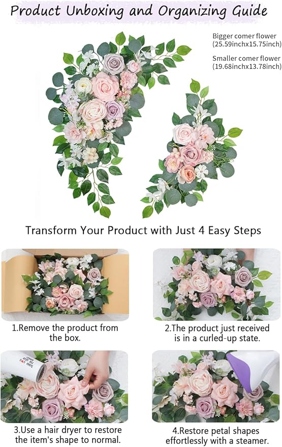 Faux Flowers Wedding Welcome Signs Floral(Pack of 2)，Wedding Arch Flowers for Decorations and Reception Backdrop Decoration (Pink)