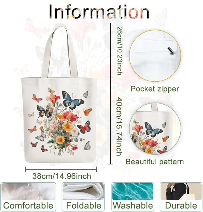 ANATTASOUL Canvas Tote Bag Butterfly Bouquet Reusable Cotton Bag for Women, Durable Cloth Shoulder Bags with Zipper Pockets for Shopping, Vacation, Work, Gym