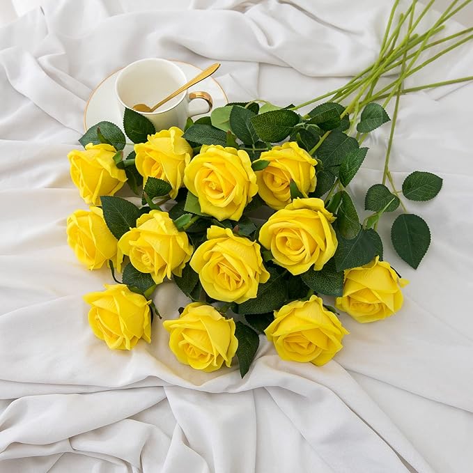 Hawesome 12PCS Artificial Roses Silk Flowers Fake Roses Bouquet Long Stem for Home Wedding Decoration Party (Yellow)
