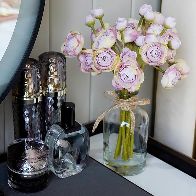 Ranunculus Artificial Flowers with Vase, 2 Pack - 8 Pcs Faux Silk Ranunculus Flower in Vase, Small Flowers Arrangements for Home Decor Indoor, Table Centerpiece. (Lilac)