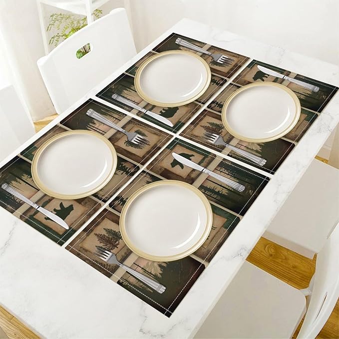 Rustic Lodge Bear Deer Placemats Set of 6, Vintage Cabin Pine Cone Plaid Place Mats, Heat Resistant Non Slip Cotton Linen Dining Table Mats for Home Kitchen Decor 18x12 Inch