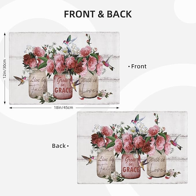 Rose Flower Placemats Set of 6 Farmhouse Peony Floral Table Mats Washable Place mats for Home Party Indoor Kitchen Dining Table Decoration 12x18 Inch