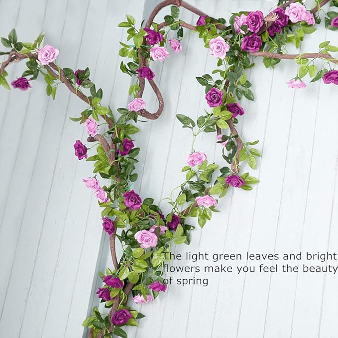 JUSTOYOU 2 Pack (15.8FT) Fake Rose Garland, Artificial Rose Vines Flowers Hanging Silk Rose Vine Wedding Home Backdrop Party Arch Arrangement Decoration