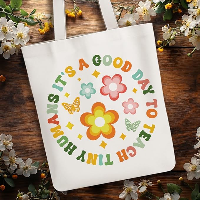 ANATTASOUL Canvas Tote Bag Boho Letter Reusable Cotton Bag for Women, Durable Cloth Shoulder Bags with Zipper Pockets for Shopping, Vacation, Work, Gym