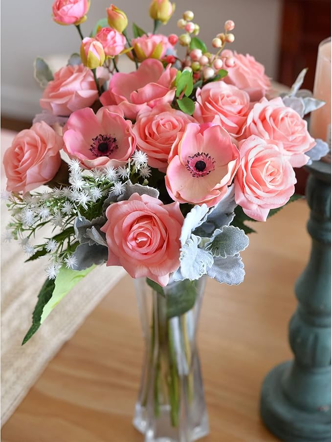 FiveSeasonStuff Fake Roses Wedding Flowers Real Touch Silk Champagne Pink Artificial Flowers 12 Stems