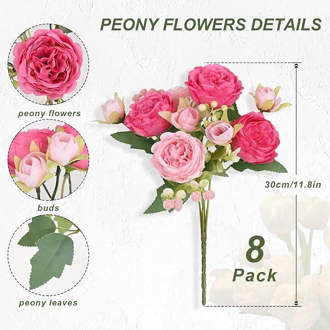 MARTINE MALL 8 Packs Peonies Artificial Flowers, Mixed Pink Artificial Peonies, Silk Peonies Flowers Fake Peonies Artificial Flowers Peonies Bouquet for Centerpiece Table Wedding Party Home Decor