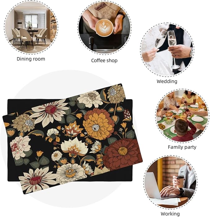 Boho Flower Placemats, Colorful Bohemian Floral Place Mat Set of 4,Wildflower Summer Table Mats for Party Kitchen Dining Decoration 4 PCS, Style-10
