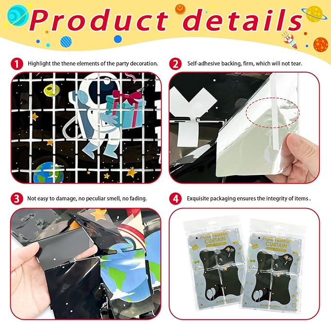 Astronaut Birthday Party Decorations 2 Pack Outer Space Foil Fringe Curtains 3.28 x 6.56Ft Space Tinsel Curtain Backdrop Black Photo Booth Backdrop for Kids Boys Girls Galaxy Birthday Baby Shower