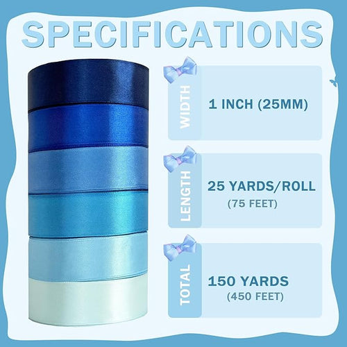 150 Yards Blue Satin Ribbon 1 Inch 6 Rolls Assortment Ribbons for Crafts Gift Wrapping Flower Bouquet Wedding Invitations Birthday Party Festival Decoration Hair Bows