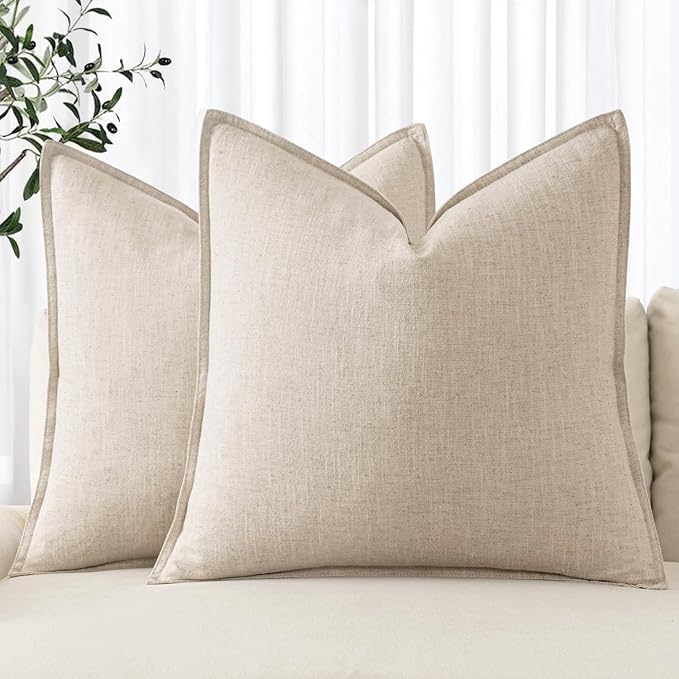 MIULEE Decorative Linen Pillow Covers 16x16 Inch Natural Beige Boho Farmhouse Neutral Christmas Couch Throw Pillows for Bed Pack of 2 Accent Modern Pillowcase Sofa Livingroom Home Decor