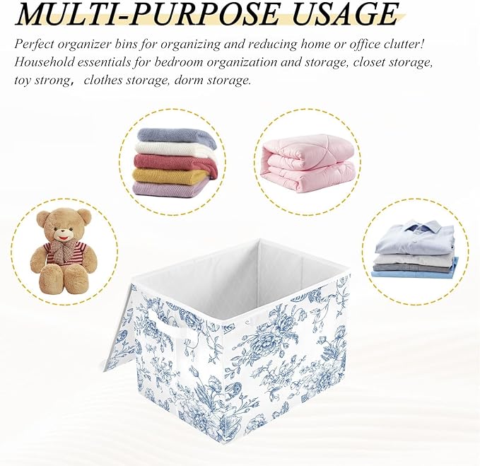 susiyo Bouquet Of Blue Flowers Floral Storage Bin Large Collapsible Storage Box Stackable design Fabric Storage Bins with Lids Decorative Multi-Color Foldable Organizing Baskets For Closet, Utility Ro