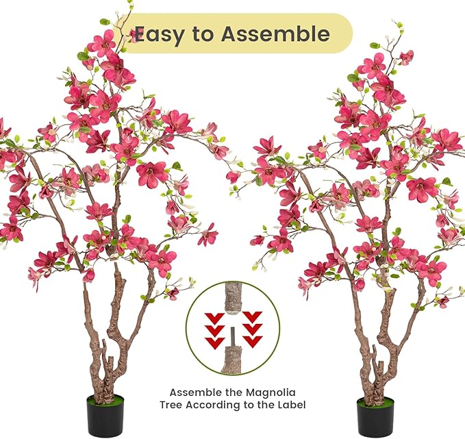 Faux Magnolia Tree 6.8 ft - with 57 Pcs Fuchsia Flowers - Tall Artificial Plants Indoor, Large Fake Plant Perfect Potted Magnolia Flower Decor for Living Room, Stairs, Shop, Porch, Study Room