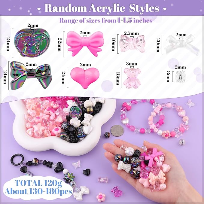 Assorted Acrylic Beads, 130-180PCS 3 Mixed Series Cute Beads for Bracelet Making, GummyBear Bow Flower Kawaii Charms for Jewelry Making DIY Necklace Keychain Phone Charm Christmas Gift