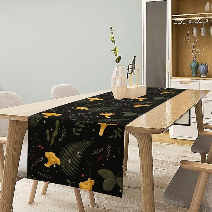 Magical Forest Table Runner, Rustic Country Wild Yellow Mushrooms Plants Botanical Herbs Print Table Runner for Holiday Farmhouse Kitchen Dining Table Decor, 13x36inch
