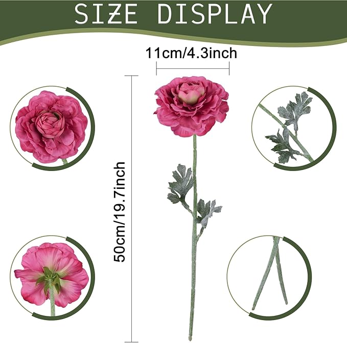6Pcs Faux Ranunculus Flowers 19.7’’ Peonies Artificial Flowers Silk Ranunculus with Stems for Vase Table Centerpiece Home Wedding Party Garden Decoration(Rose Red)