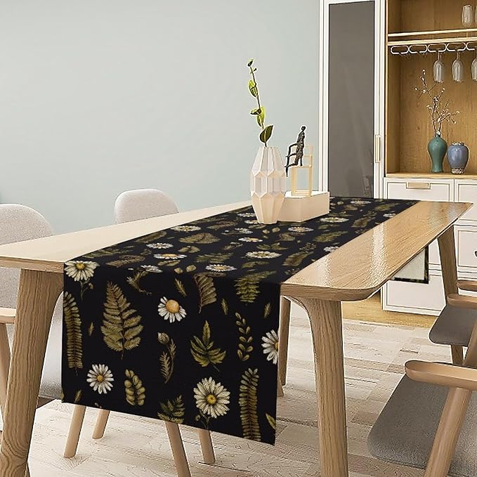 Vintage Daisy Flower Table Runner, Rustic Forest Green Plants Leaves Wild Floral Ferns Print Holiday Kitchen Dining Coffee Table Decoration for Home Indoor Outdoor Party, 13x90inch