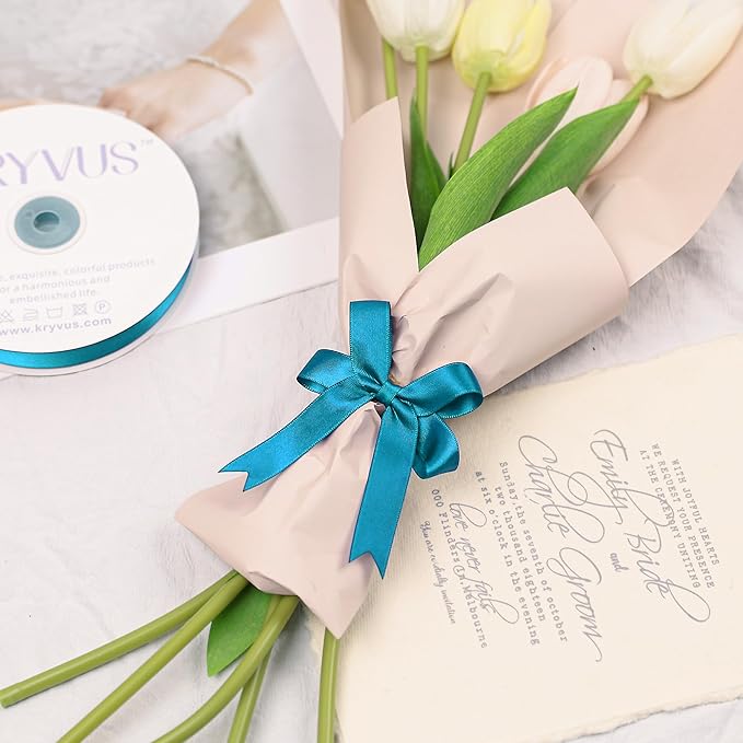 Premium Double Faced Turquoise Blue Satin Polyester Ribbon, 5/8 Inch X 25 Yards, Perfect for Gift Wrapping, Crafts, Wedding Decor
