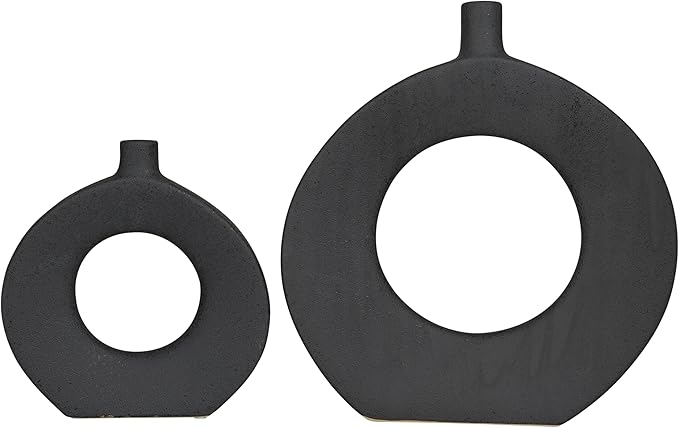 CosmoLiving by Cosmopolitan Ceramic Decorative Vase Round Donut Shaped Centerpiece Vases, Set of 2 Flower Vases for Home Decoration 15", 10"H, Black