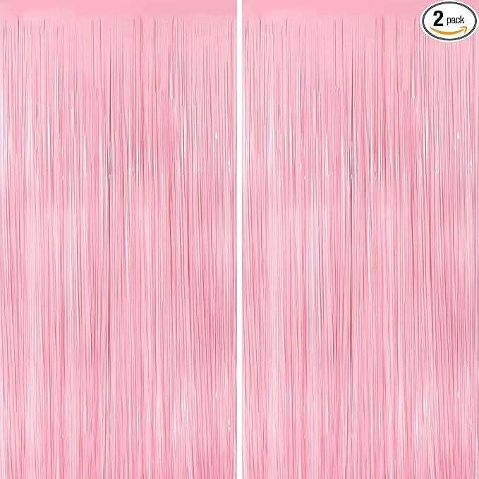 Keyali 2 Pack 3.3 * 8.3 ft Foil Curtain Metallic Tinsel Fringe Curtains Photo Booth Props Backdrop for Birthday Wedding Engagement Baby Shower Christmas Holiday Celebration Party，Pastel Pink