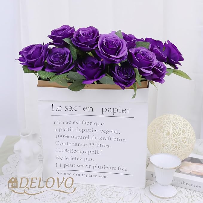 52pcs Purple Roses Artificial Flowers Fake Flowers Silk Roses with Stems for DIY Wedding Bouquets Bridal Shower Centerpieces Arrangements Party Decorations