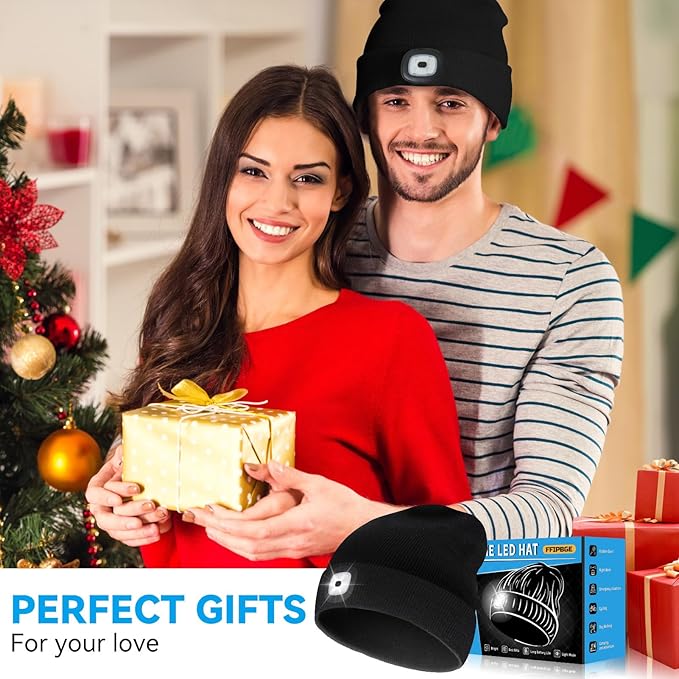 Christmas Stocking Stuffers for Men Adults, Beanie Hats with Light, USB Rechargeable LED Hand Free Headlamp, Birthday Gifts for Men, Women, and Teens, Ideal for Camping, Hiking, 2 Pack, Black