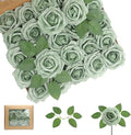 Artificial Flowers 50Pcs Elf Gree Roses Real Looking Foam Fake Roses with Leaves for DIY Wedding Bouquets Bridal Shower Centerpieces Party Decorations (Elf Green, 50)