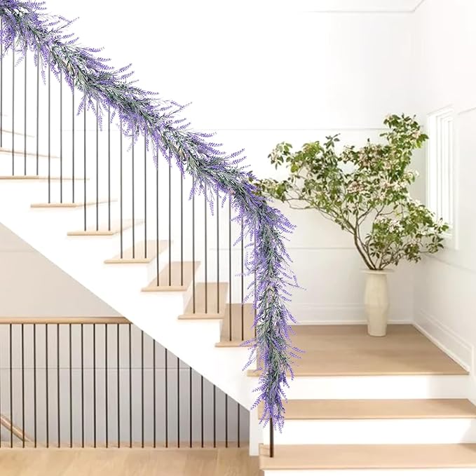 Spring Summer Lavender Garland, 6Ft Purple Lavender Artificial Garland, All Year Lavender Garlands for Farmhouse Wedding Mantle Arch Porch Stair Table Indoor Door Home Decor (1)