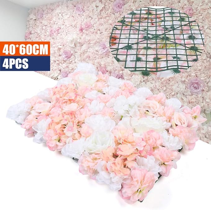 4Pcs Artificial Flower Wall Panel,3D 16" X 24" Silk Rose Mat Artificial Flower Wall,Rectangle Decorative Backdrop Flower Panels Wall for Bridal,Patio,Garden,Yard Decor (White,Pink)