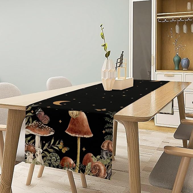 Retro Mushroom Table Runner, Boho Night Plants Leaves Moon Star Botanical Snail Butterfly Print Table Runner for Home Kitchen Dining Table Decor, 13x70inch