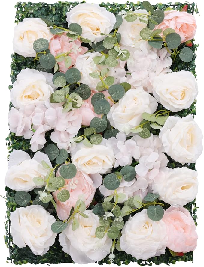 Flower Wall Backdrop, 6 Pcs Flower Wall Panels Artificial Floral Wall Background for Wall Decoration in Wedding Sites, Birthday Parties 24 x 16 Inch (White + Pink)