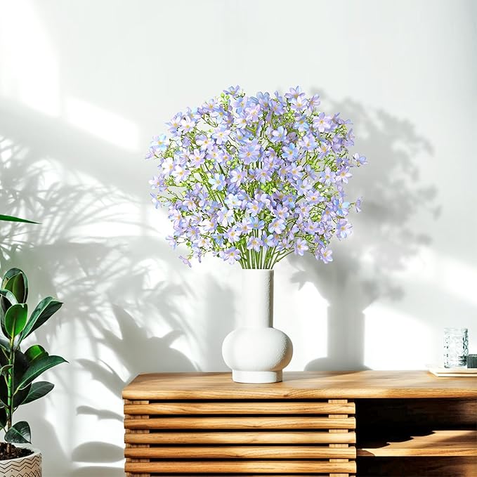 Artificial Flowers 8PCS Silk Flowers with Long Stems, Fake Flowers Bulk Fake Babys Breath, Royal Blue Flowers for Tall Vase Outdoor Garden Wedding Party Home Table (Purple, 8PCS)