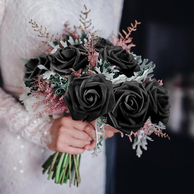 100 Pieces Artificial Foam Rose Flowers Faux Bouquet with Leaves and Stems for DIY Wedding Bouquets Centerpieces Bridal Shower Party Valentine Home Decorations(Black)