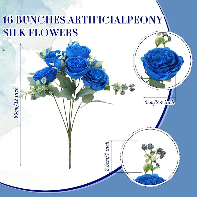 Geosar 8 Bundles Artificial Peonies Flowers Fake Silk Peony Bouquet Faux Peonies Flowers Bulk for Decoration Vase Floral Arrangements Wedding Party Table (Royal Blue,White)