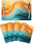 Orange Teal Marble Placemats Set of 4, Washable Non-Slip Heat-Resistant Kitchen Table Mats for Dining Outdoor Holiday Party Home Decor 12"x18", Linen Place Mats