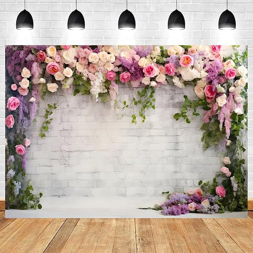 10x6.5ft Retro White Brick Wall Floral Backdrop Vine Leaves Rose Flowers Photography Background Bridal Shower Wedding Party Birthday Banner Decorations Adults Portrait Photo Booth Prop