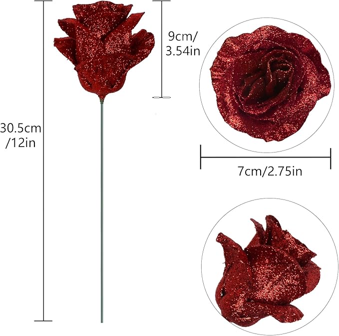 Glitter Roses,30PCS Fake Red Roses Glitter Flowers Bouquet Artificial Roses with Stems for DIY Crafts Wedding Bouquet Party Home Decor(Red)