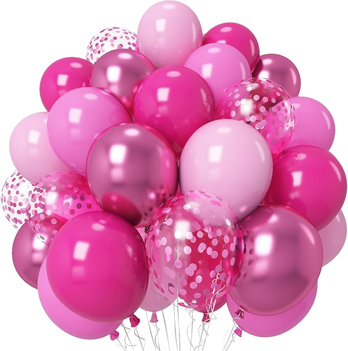 Pink Balloons 12 Inch Hot Pink Metallic Pink Balloons Baby Pink Confetti Latex Balloon Dark Magenta Pink Party Balloons for Bitrhday Valentine's Day Baby Shower Wedding Kit Princess Decorations