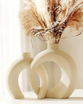 Beige Ceramic Decor Vase Set of 2 - Modern Boho Donut Decorative Vases for Home Entry Way Console Table Decor, Shelf Bookshelf Mantel Decorations, Kitchen Dining Table Centerpiece (Matte Cream White)